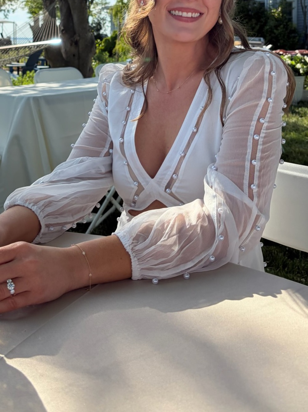UNTAMED PETALS BY AMANDA JUDGE White Sheer Pearl-Trim Wedding Top